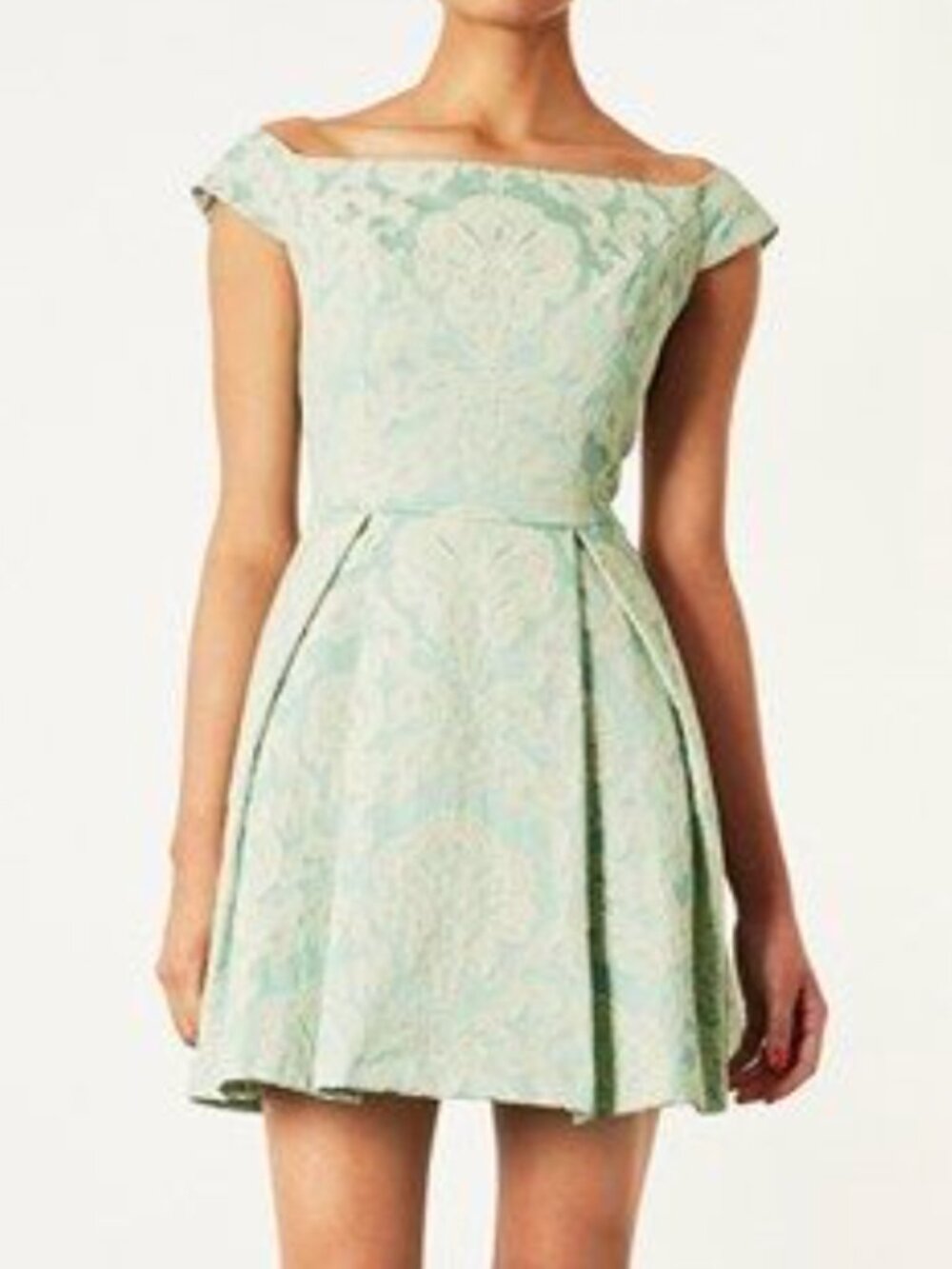 Vintage Topshop Mint Ivory Brocade Fit & Flare Mini Dress Size 6